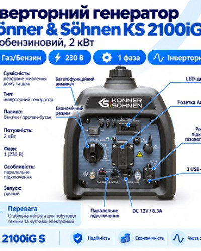 Інверторний газобензиновий генератор KS 2100iG S 2 кВт 230 В Інверторний газобензиновий генератор KS 2100iG S 2 кВт 230 В