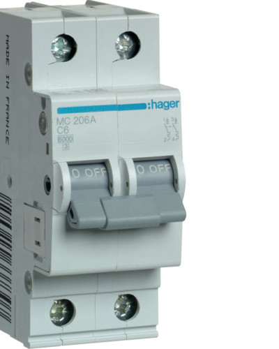 Автоматический выключатель 6А 2P С 6кА MC206A Hager