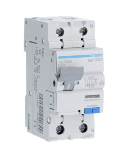 Дифференциальный автомат 1P+N B 20A 6 kA 30mA AD920J Hager