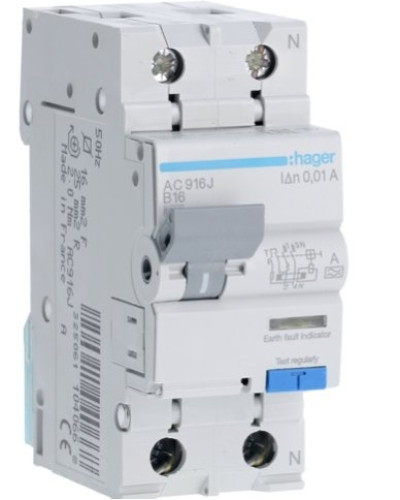 Дифавтомат HAGER 2-п AC916J B 16A 10mA 6KA