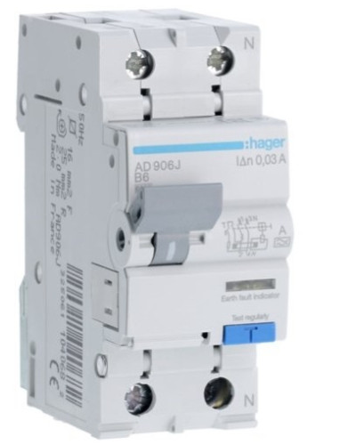 Дифавтомат HAGER 2-п AD906J B 6A 30mA 6KA