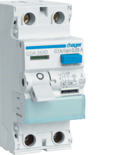 Дифференциальное реле 2P, 6kA, 63A,30mA, A, Hager CDA263D