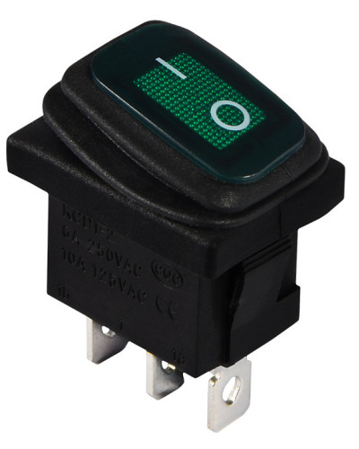 KCD1-2-101NW GR/B  220V  Перемикач 1 клав. вологозах. зелений з підсвічуванням