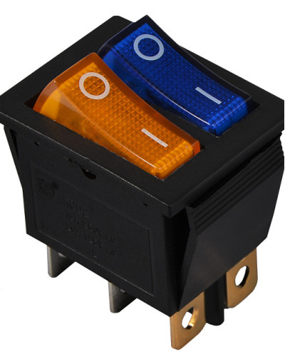 KCD2-2101N BL+YL/B 220V Перемикач 2 клав. жовтий+синій з підсвічуванням