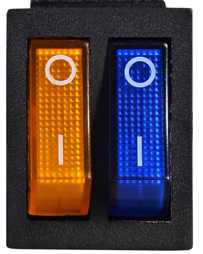 KCD2-2101N BL+YL/B 220V Перемикач 2 клав. жовтий+синій з підсвічуванням