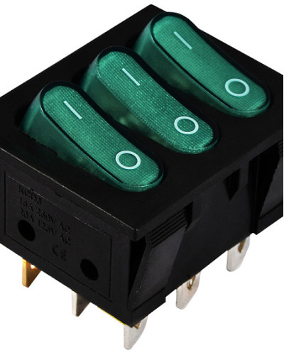 KCD2-3101N GR/B  220V  Перемикач 3 клав. зелений з підсвічуванням
