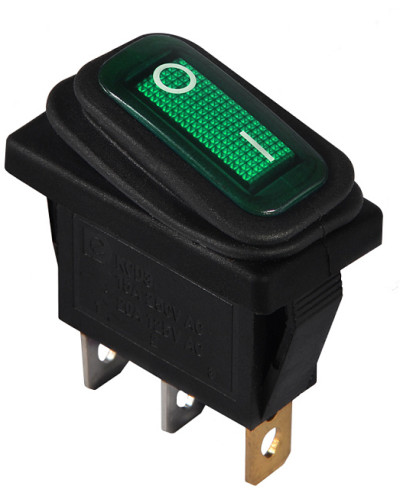 KCD3-101NW GR/B  220V Перемикач 1 клав. вологозах. зелений з підсвічуванням