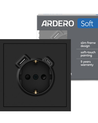 Розетка с дополнительными выходами USB/Type-C Ardero ER123USB-B Soft 18W/20W с заземлением черная