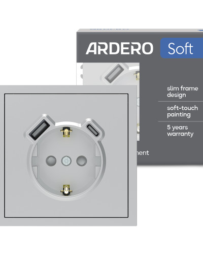 Розетка с дополнительными выходами USB/Type-C Ardero ER123USB-S Soft 18W/20W с заземлением серебряная