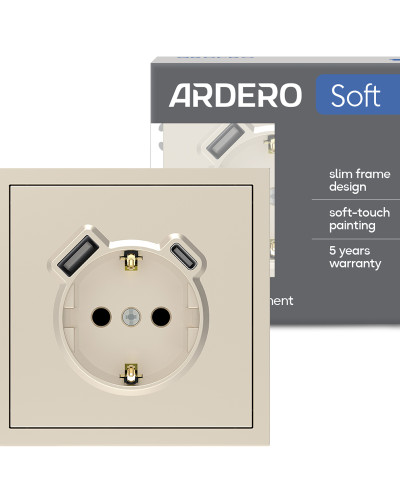 Розетка с дополнительными выходами USB/Type-C Ardero ER123USB-C Soft 18W/20W с заземлением шампань