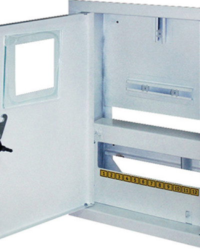 Корпус e.mbox.stand.w.f1.12.z металевий, під 1-ф лічильник, 12 мод., що вбудовується, з замком
