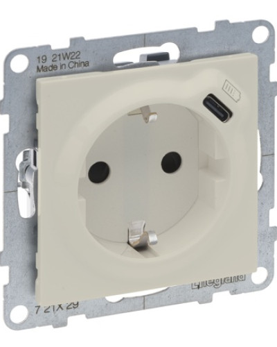 Розетка комб. 2К+З с шторк. 16 A+USB Тип C 1,5 A 250 в, цвет Слон. кость SUNO