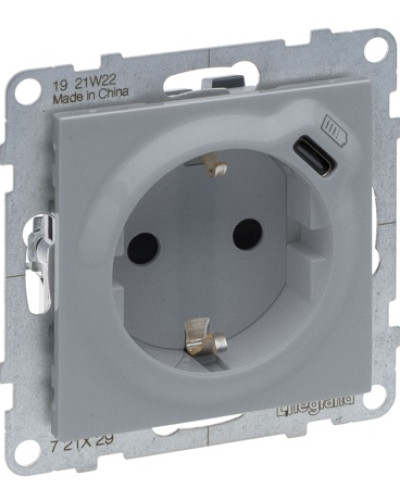Розетка комбін. 2К+З с шторк. 16 A + USB Тип C 1,5 A 250 в, цвет алюминий SUNO