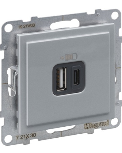Розетка USB Тип А+C 12Вт+15Вт 5В , цвет алюминий SUNO