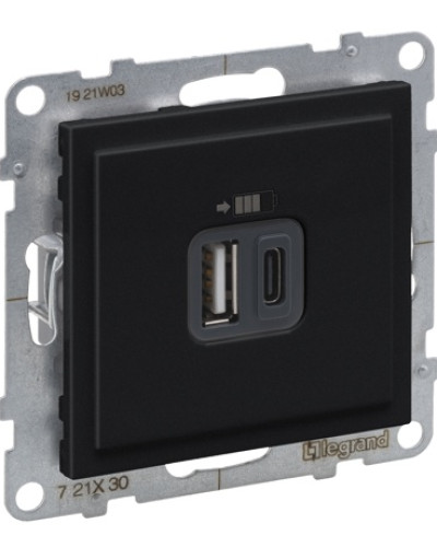 Розетка USB Тип А+C 12Вт+15Вт 5В , цвет черный SUNO