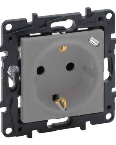 Розетка комбинированая 2К+З 16 A + USB Тип C 1,5 A 250 В автоматические клеммы цвет алюминий NILOE STEP