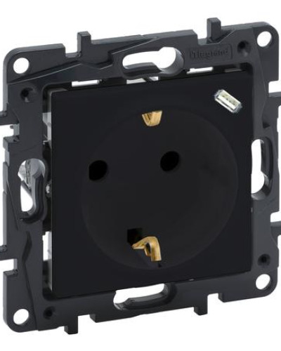Розетка комбинированая 2К+З 16 A + USB Тип C 1,5 A 250 В автоматические клеммы цвет черный NILOE STEP