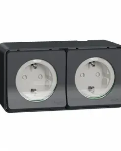 Блок из двух розеток с заземлением и шторками черный IP55 MUREVA S
