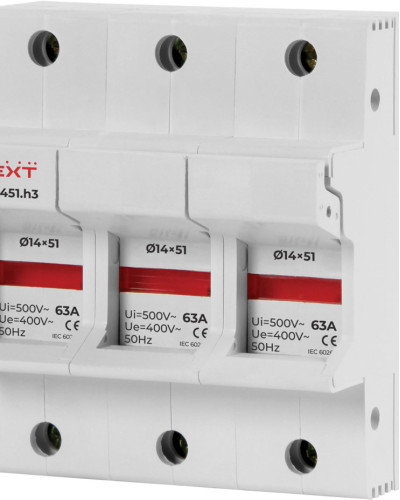 Утримувач запобіжника на Дін-рейку e.fuse.1451.h3, під запобіжник 14х51, 3р, 63А