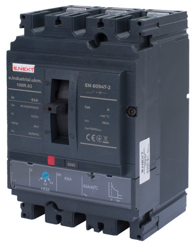 Силовий автоматичний вимикач e.industrial.ukm.100R.63 з регулюванням, 3р, 63А