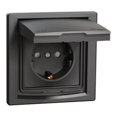 РОЗЕТКА IP44 С КРЫШКОЙ, С ЗЕЗЕМЛЕНИЕМ, С ЗАЩИТНЫМИ ШТОРКАМИ, АНТРАЦИТ ASFORA