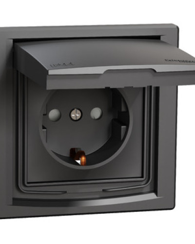 РОЗЕТКА IP44 С КРЫШКОЙ, С ЗЕЗЕМЛЕНИЕМ, С ЗАЩИТНЫМИ ШТОРКАМИ, АНТРАЦИТ ASFORA