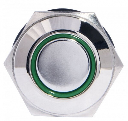 TYJ 16-361 Кнопка металева пласка з фіксац. 1NO+1NC, з підсвічуванням, зелена 220V.