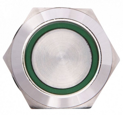 TYJ 19-371 Кнопка металева пласка з фіксац. 1NO+1NC, з підсвічуванням, зелена 220V.